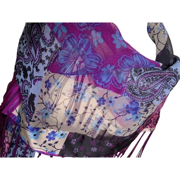 Vintage Elaine Gold for Collection XIIX Purple Patchwork Fringed Sheer Art Scarf - Picture 8 of 13